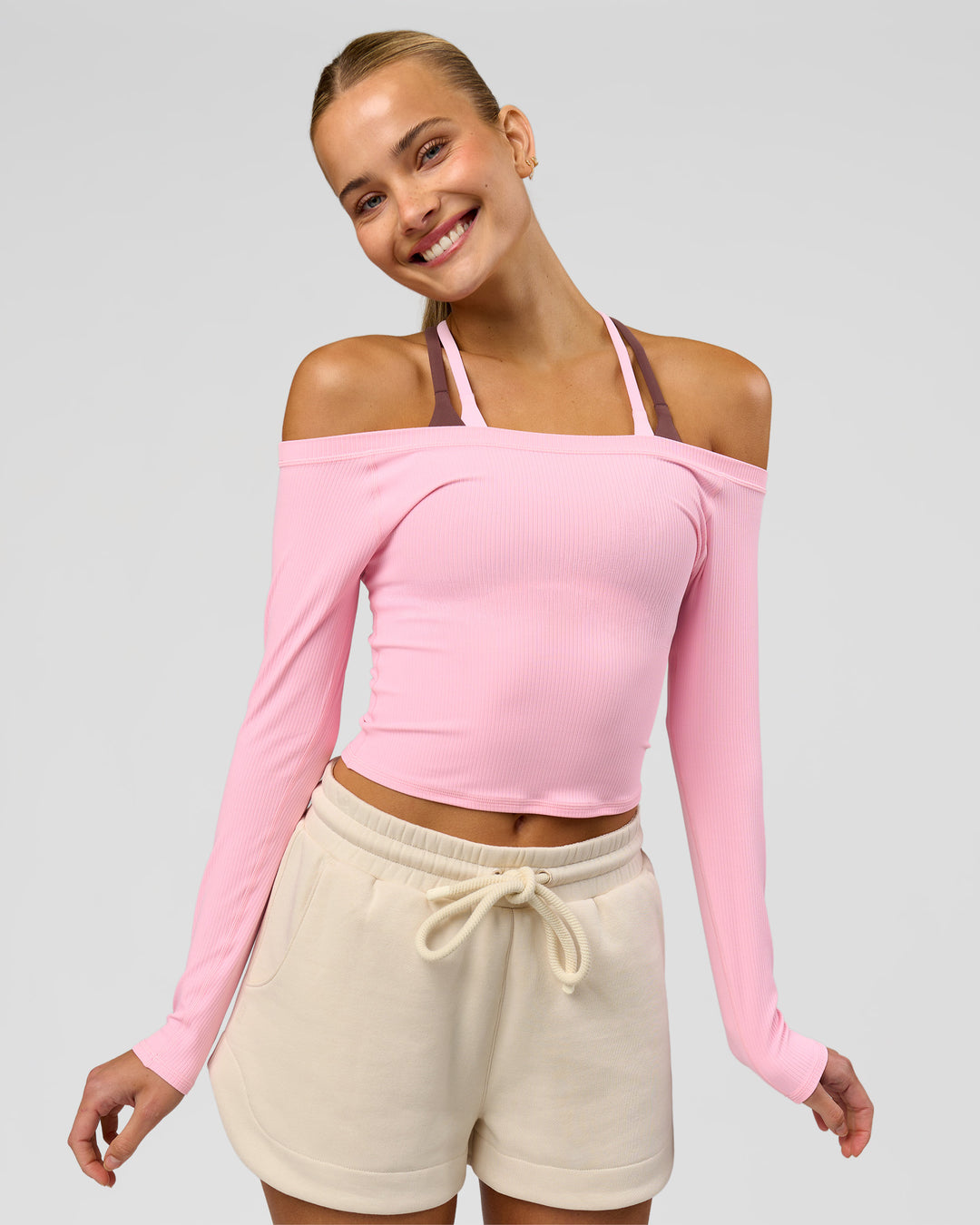 Woman wearing Bree Bardot Long Sleeve Top - Pink Rose | Model:Taneisha | Size:XS - view 3