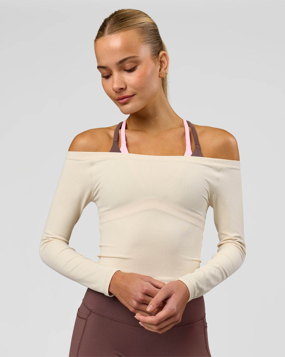 Woman wearing Bree Bardot Long Sleeve Top - Vanilla Bean | Model:Taneisha | Size:XS - view 5