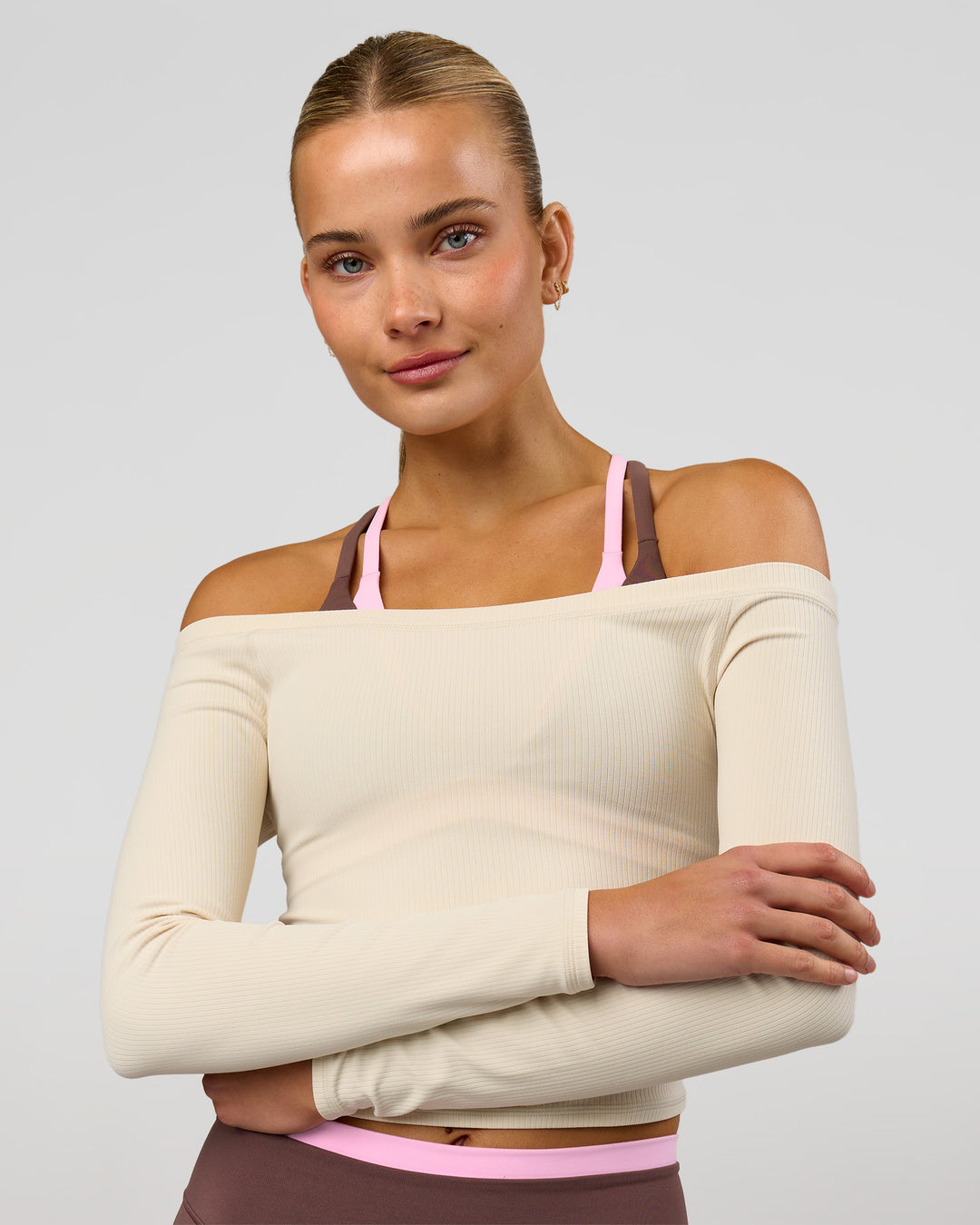 Woman wearing Bree Bardot Long Sleeve Top - Vanilla Bean | Model:Taneisha | Size:XS - view 9