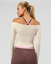 Woman wearing Bree Bardot Long Sleeve Top - Vanilla Bean | Model:Taneisha | Size:XS | Thumbnail Index: 2