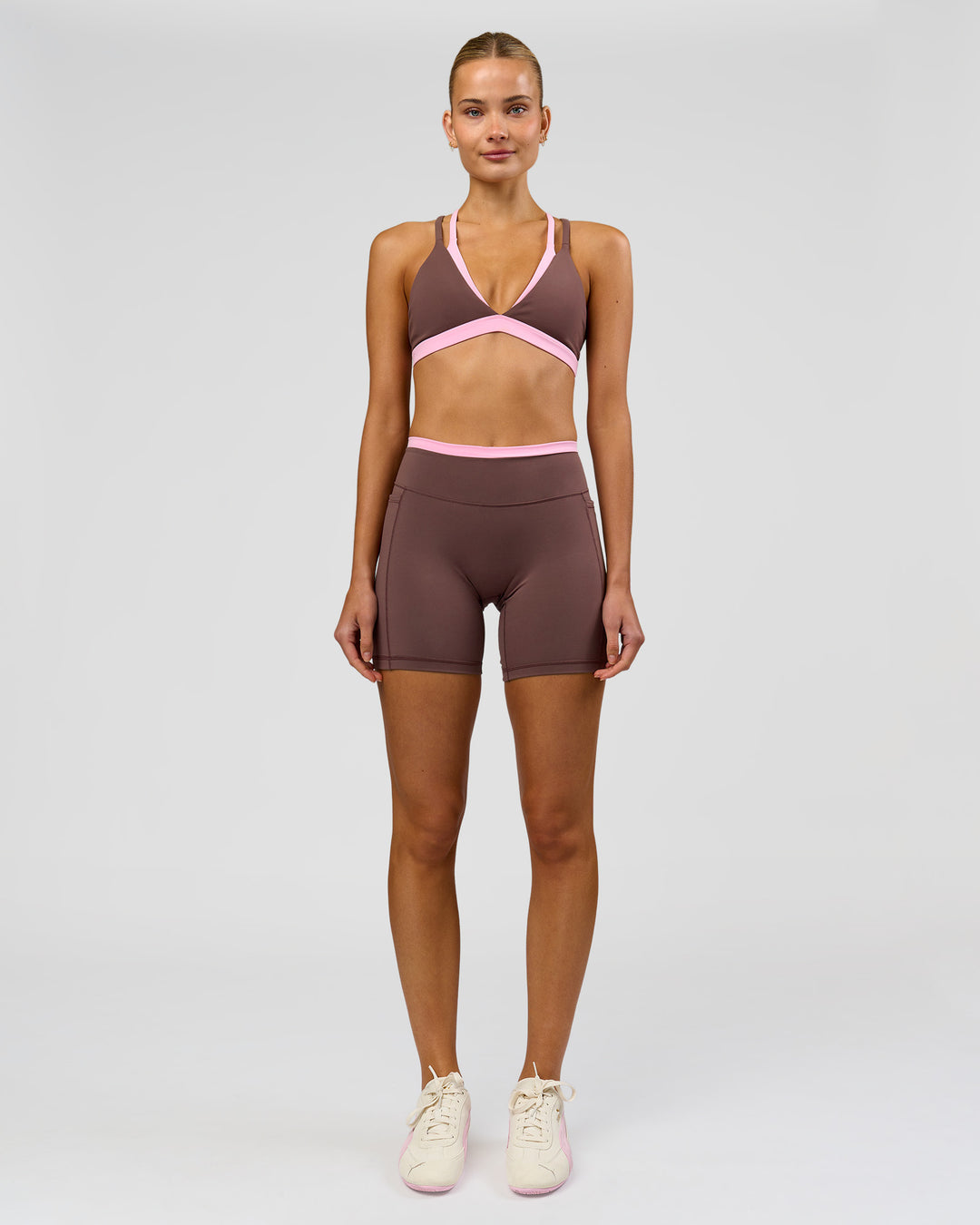 Woman wearing Bree Fusion High-Rise 6" Short Pockets - Cocoa Powder-Pink Rose | Model:Taneisha | Size:XS - view 8