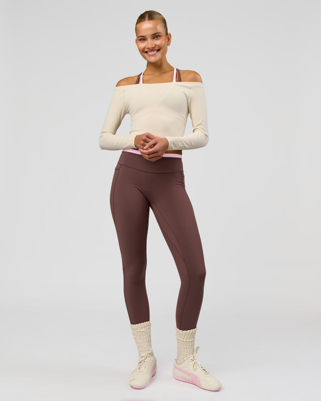 Woman wearing Bree Fusion High-Rise Full Length Legging Pockets - Cocoa Powder-Pink Rose | Model:Taneisha | Size:XS - view 6