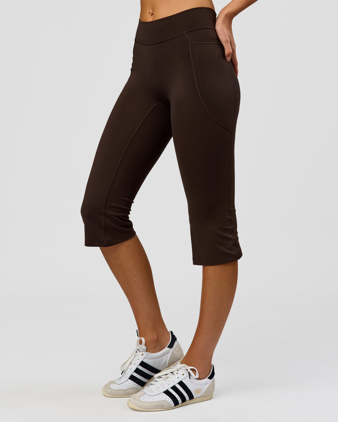 Woman wearing Deep V-Contour High-Rise Flared Capri - Ground Coffee | Model:Taneisha | Size:XS - view 3