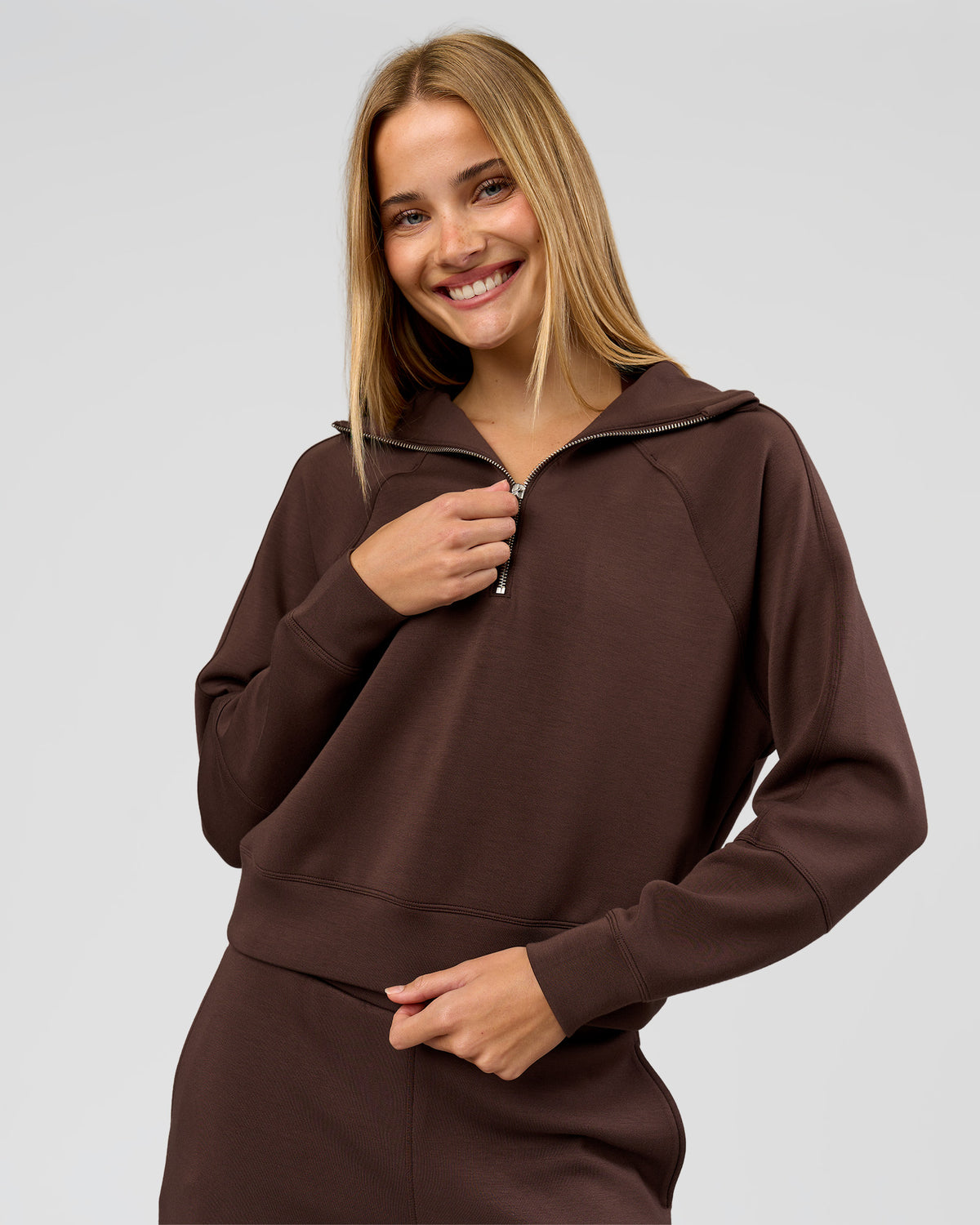 Woman wearing Elevate SoftTouch 1/2 Zip Sweater - Hot Chocolate | Model:Taneisha | Size:XS