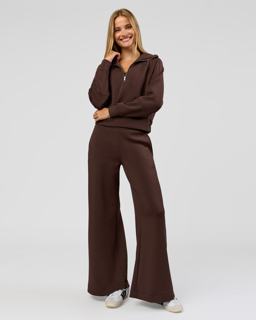 Woman wearing Elevate SoftTouch 1/2 Zip Sweater - Hot Chocolate | Model:Taneisha | Size:XS - view 6