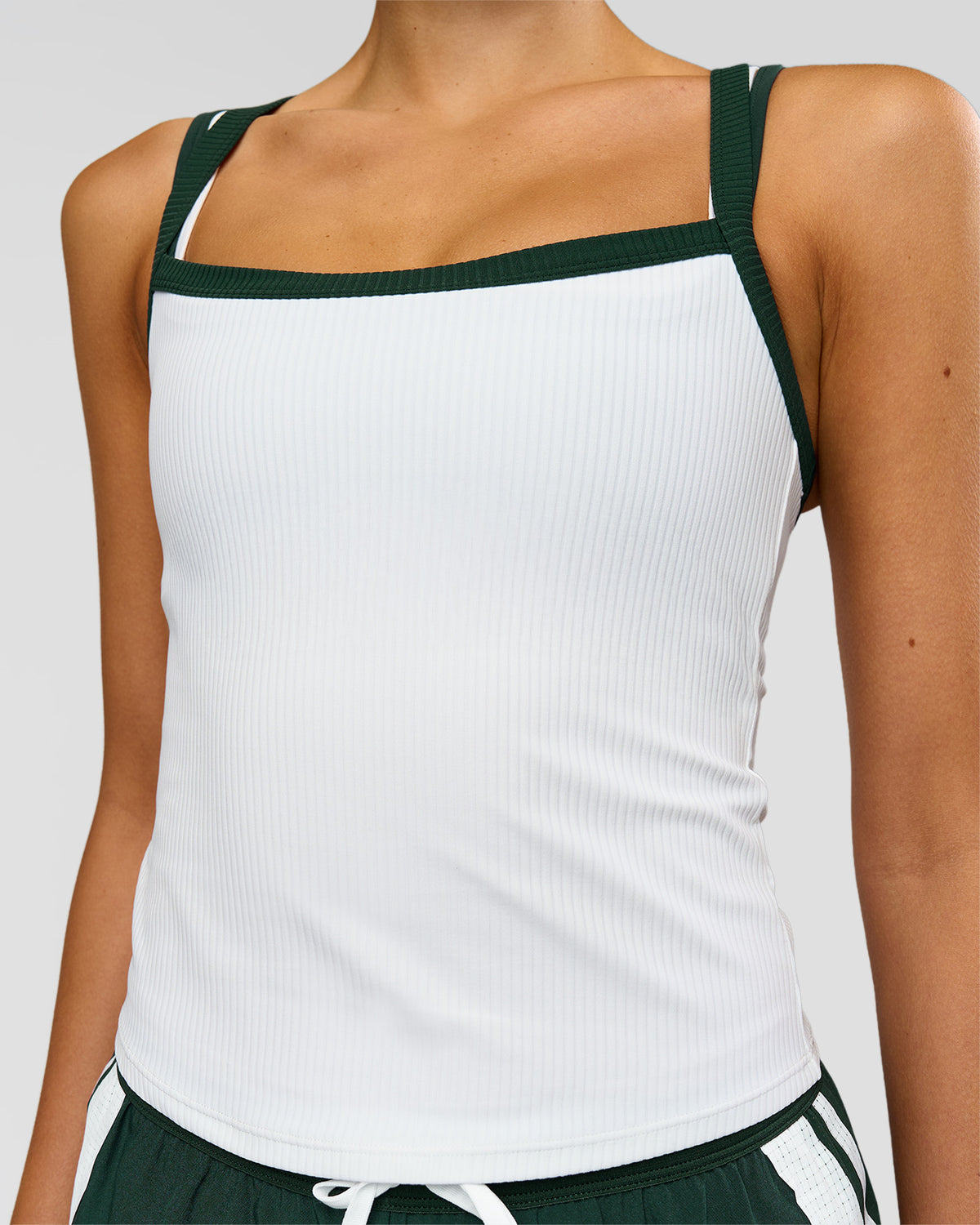Woman wearing Flame Ribbed Regular Length Tank - White-Midnight Green | Model:Taneisha | Size:XS - view 2