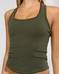 Woman wearing Flow Rib Scoop Neck Tank - Pure Olive | Model:Taneisha | Size:XS | Thumbnail Index: 2