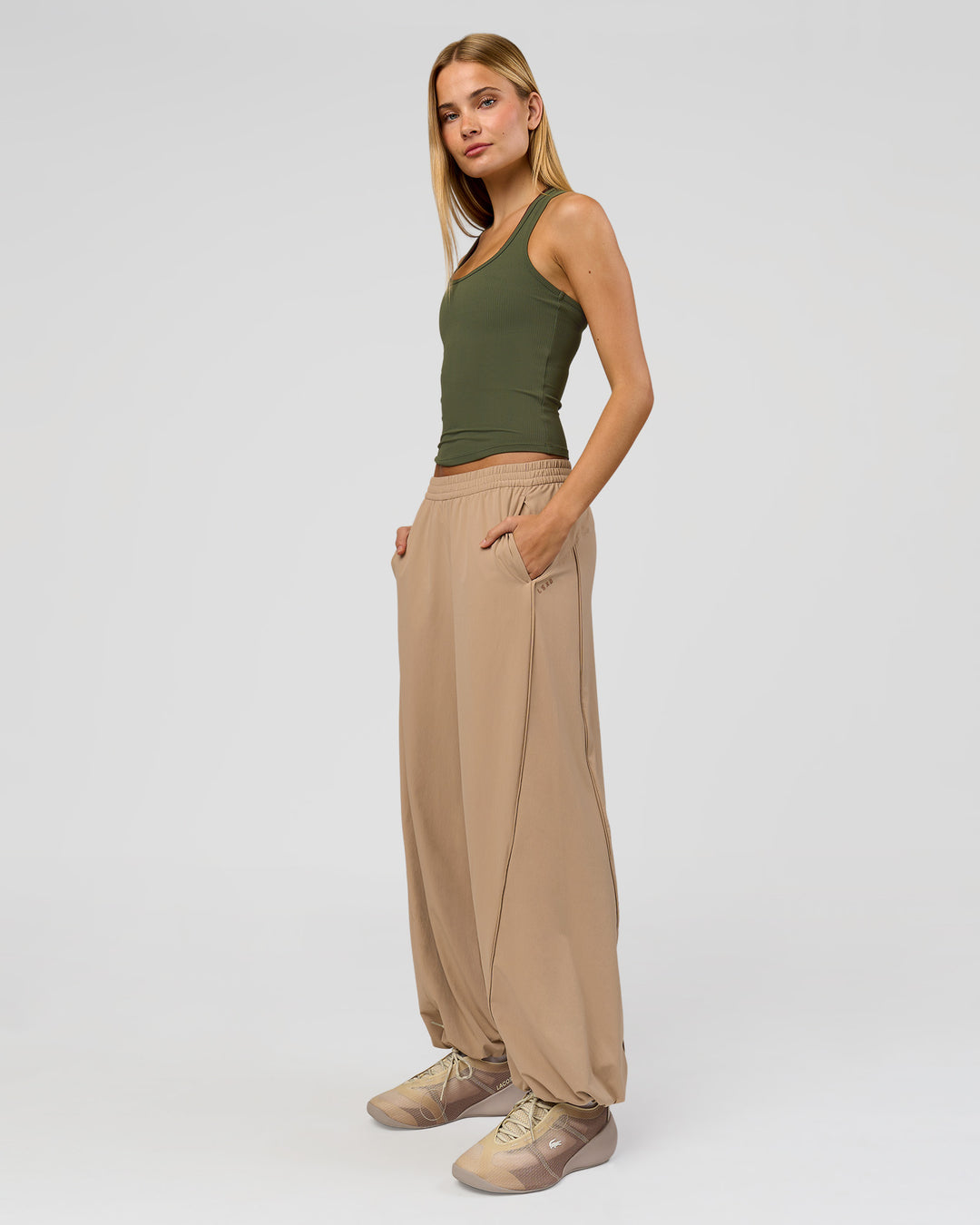 Woman wearing Flow Rib Scoop Neck Tank - Pure Olive | Model:Taneisha | Size:XS - view 5