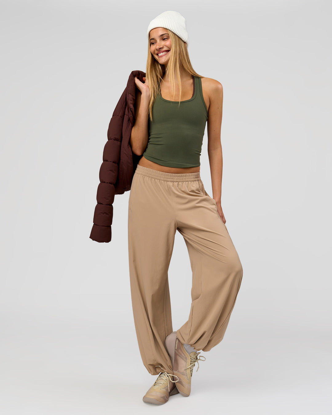 Woman wearing Flow Rib Scoop Neck Tank - Pure Olive | Model:Taneisha | Size:XS - view 6