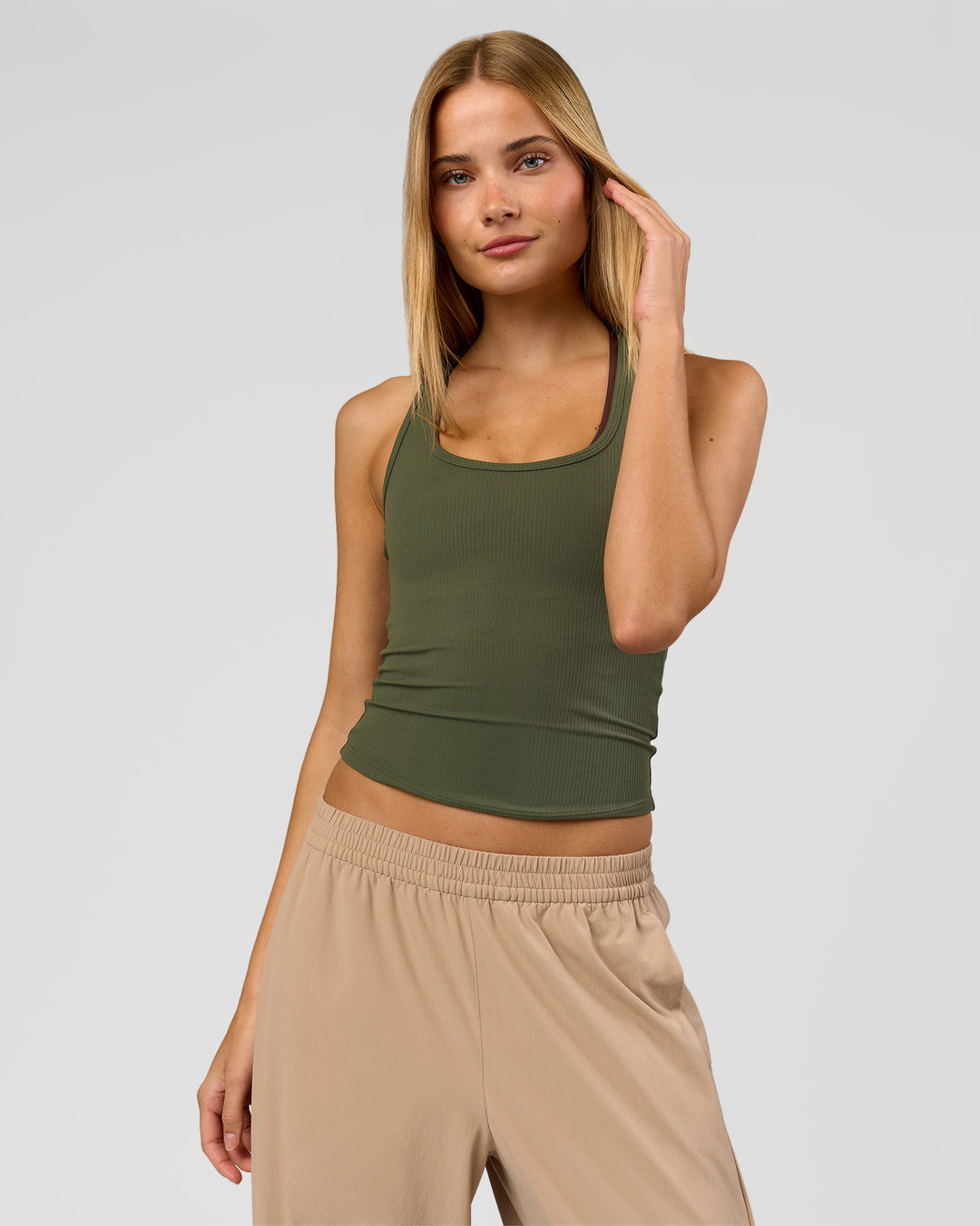 Woman wearing Flow Rib Scoop Neck Tank - Pure Olive | Model:Taneisha | Size:XS - view 7