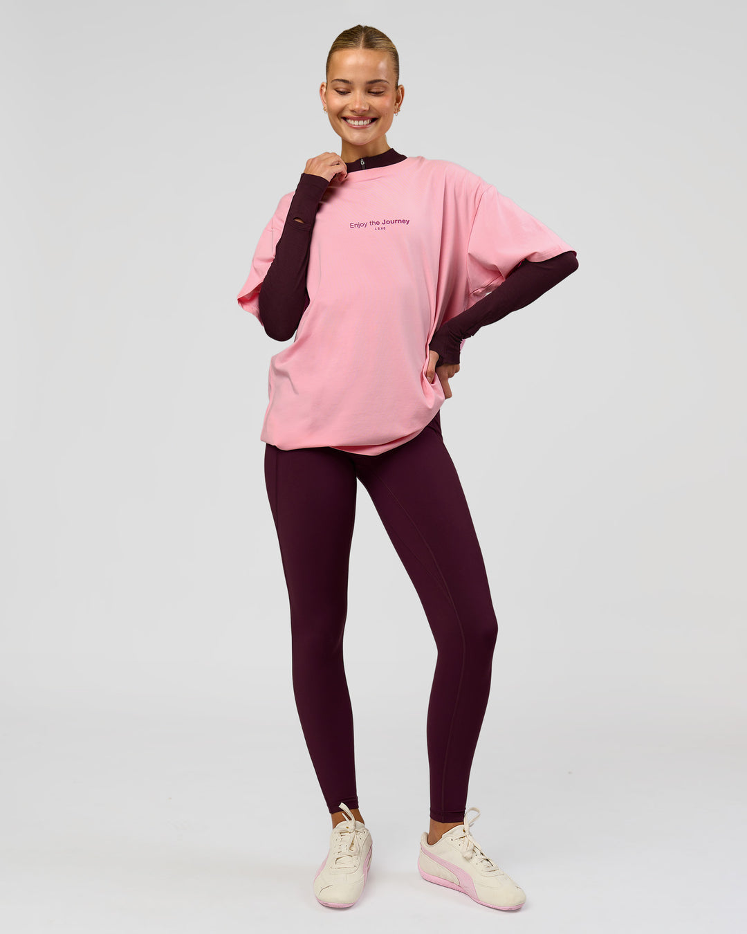 Woman wearing Fusion V-Contour Ultra High-Rise Full Length Legging Pockets - Cherry Lacquer | Model:Taneisha | Size:XS - view 4