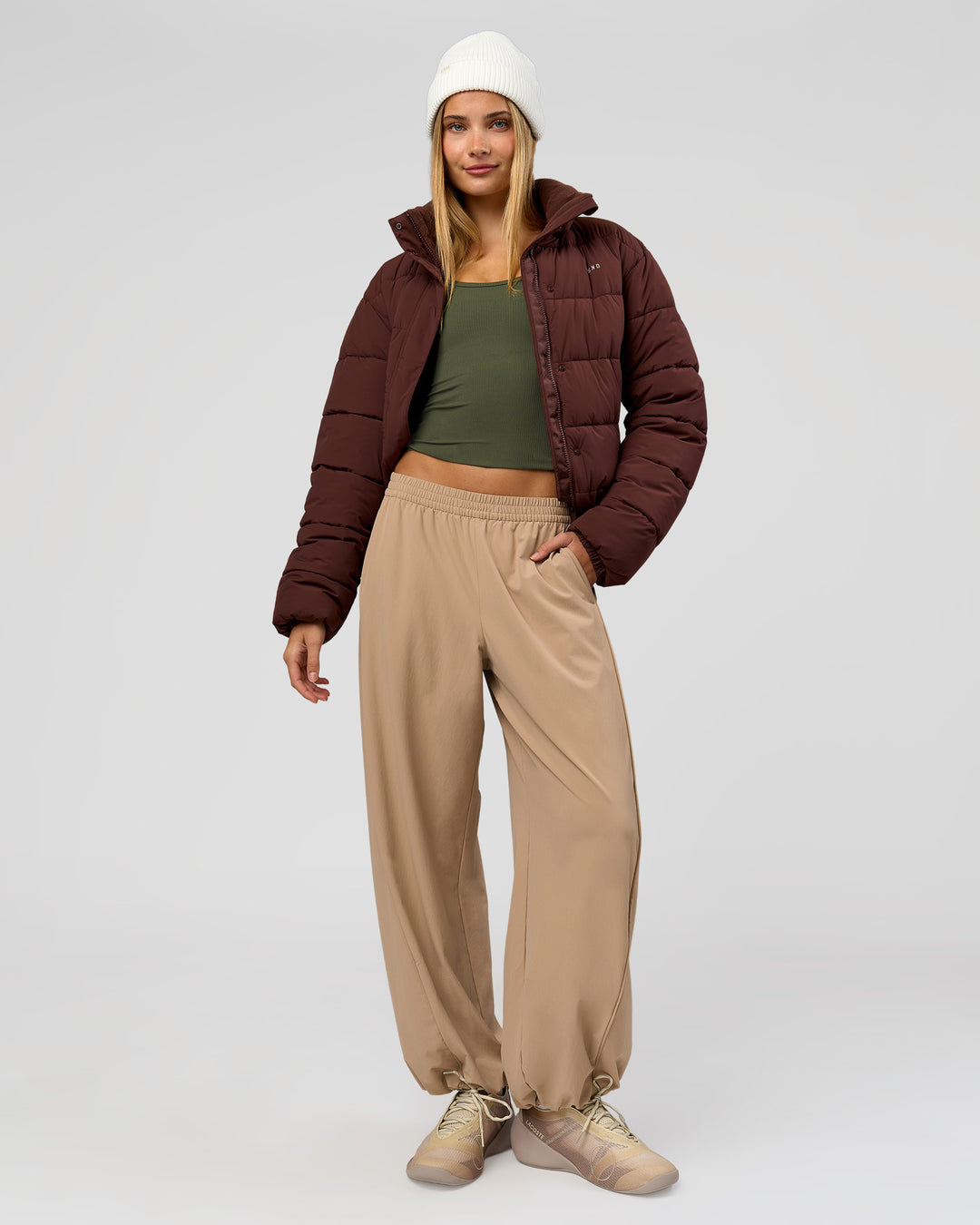 Woman wearing Go-To Puffer Jacket - Hot Chocolate | Model:Taneisha | Size:XS - view 5