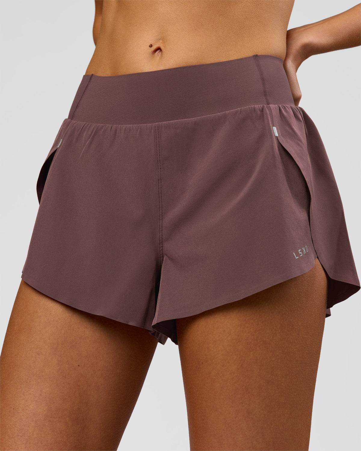 Woman wearing Pacer 3" Run Short - Cocoa Powder | Model:Taneisha | Size:XS