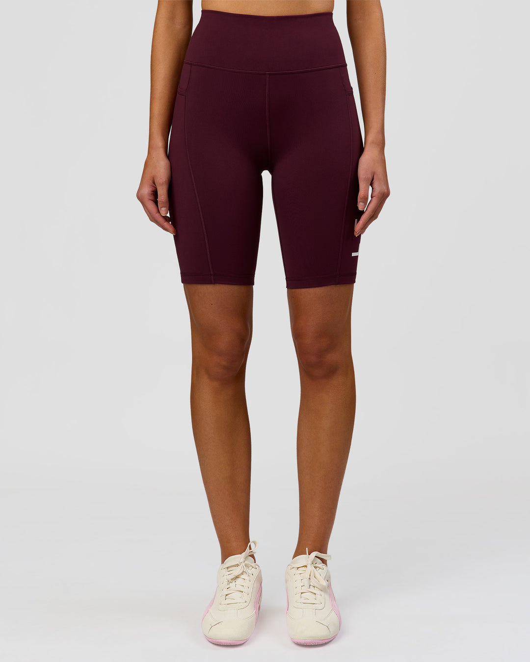 Woman wearing Rep Ultra High-Rise 9" Short Pockets - Cherry Lacquer-White | Model:Taneisha | Size:XS - view 4