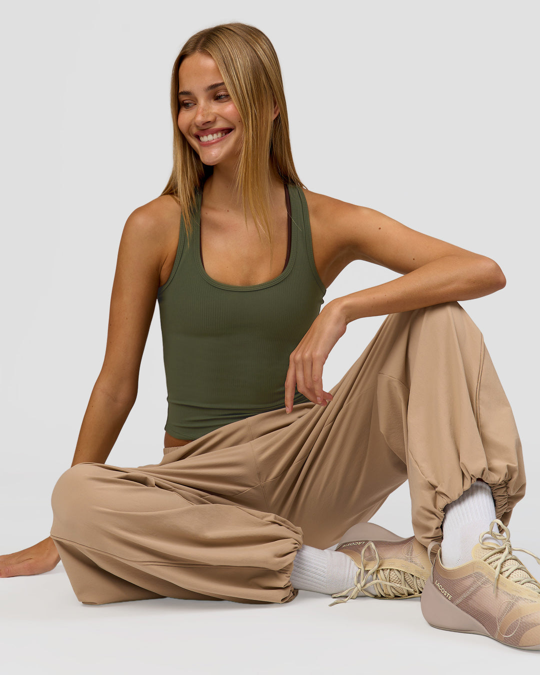 Woman wearing Stitch Up Track Pant - Warm Smoke | Model:Taneisha | Size:XS - view 4