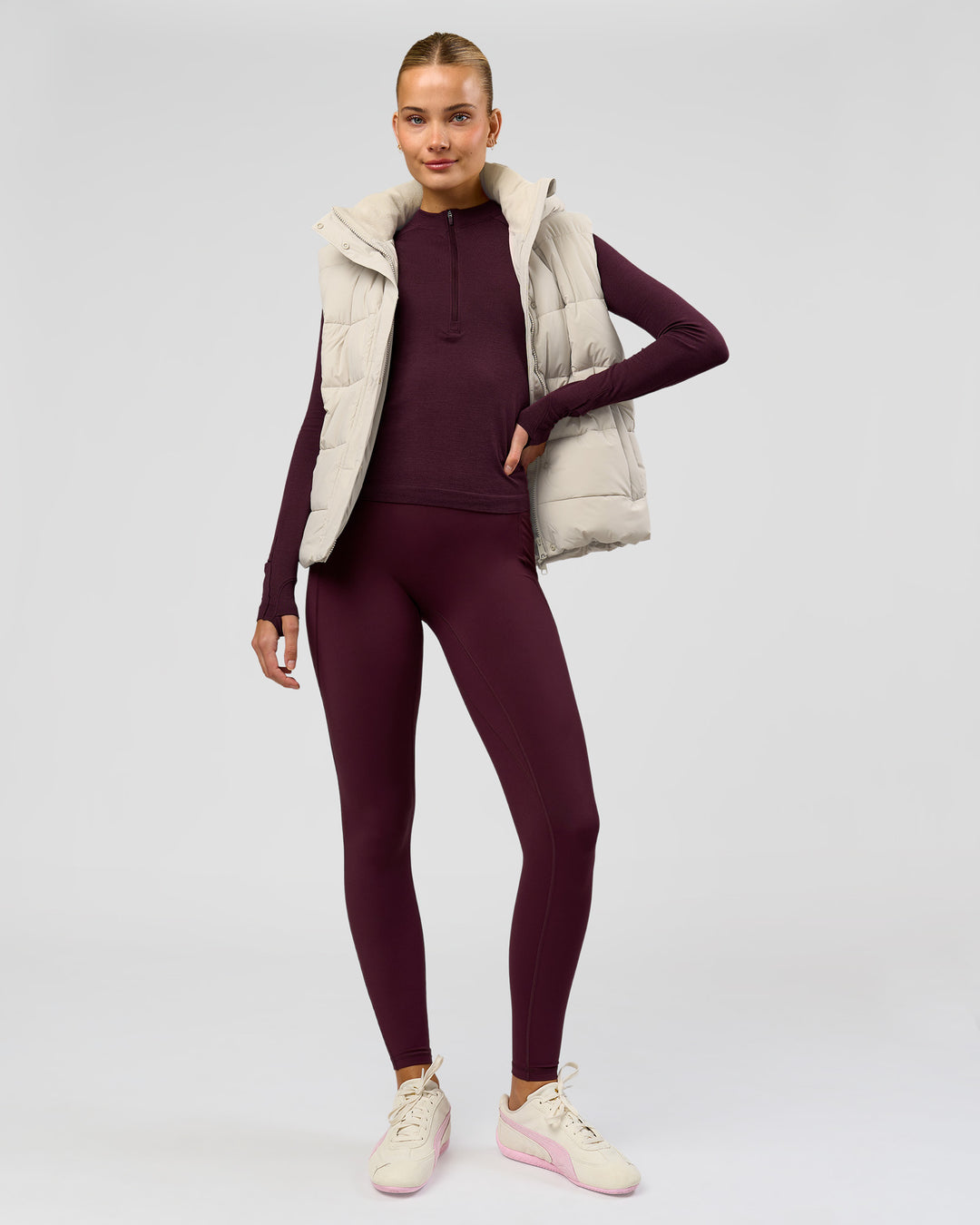Woman wearing AeroFLX+ Long Sleeve Half Zip - Cherry Lacquer/Cherry Laquer | Model:Taniesha | Size:XS - view 8